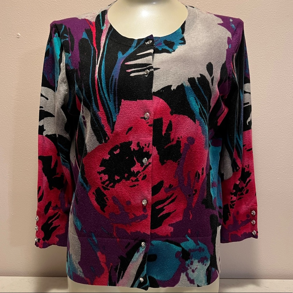 Express Design Studio Colorful Abstract Flowers Cardigan Sweater